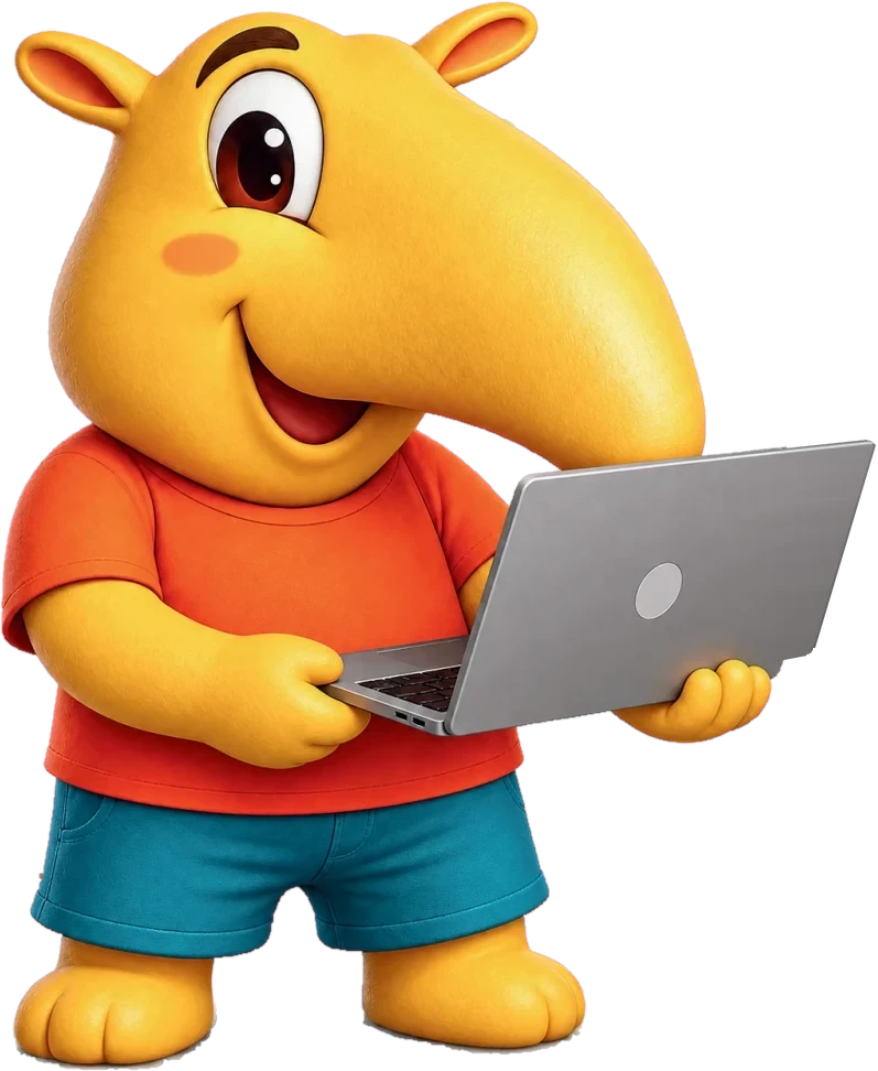 Tami, o tamanduá mascote, de camiseta laranja, segurando um notebook